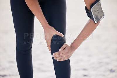 Buy stock photo Fitness, knee pain and sports injury with woman on beach for running, inflammation and accident. Emergency, healthcare and mockup with closeup of runner for exercise, physical therapy and workout