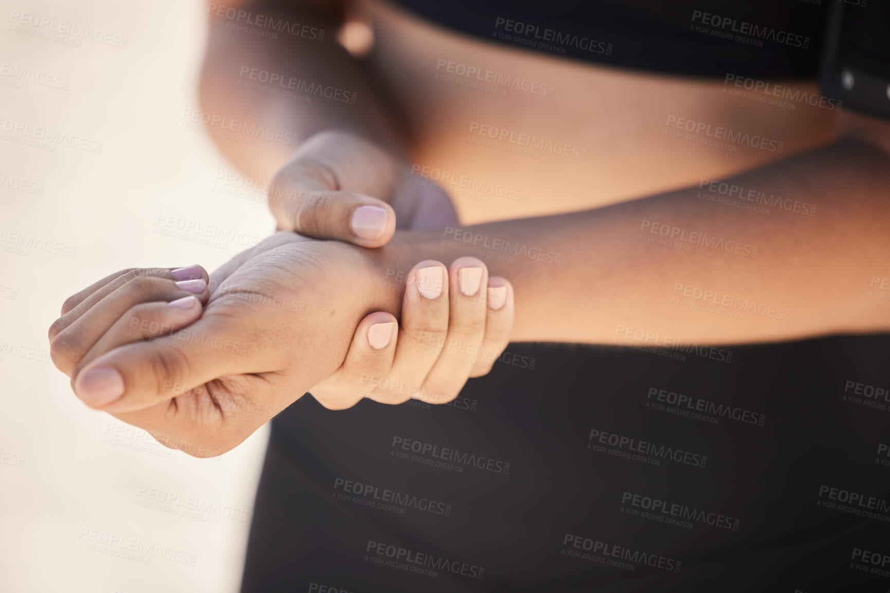 Buy stock photo Fitness, closeup and woman with a wrist injury, accident or sprain muscle after a workout. Sports, medical emergency and zoom of a female athlete with hand joint pain after a exercise or training.