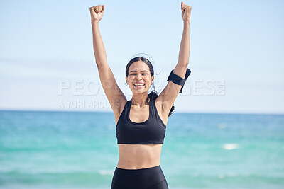 Buy stock photo Happy woman, fitness and achievement on beach for winning, workout success or outdoor exercise. Portrait of excited female person in celebration for accomplishment, milestone or training by the ocean