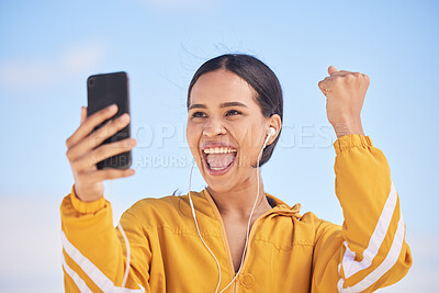 Buy stock photo Happy woman, phone and fitness winning in celebration for workout milestone or outdoor achievement. Excited female person and fist pump in happiness for exercise goals or success on mobile smartphone