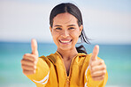 Happy woman, portrait and thumbs up on beach for approval, success or winning in motivation. Outdoor female person smile with like emoji, yes sign or OK for agreement in happiness on the ocean coast