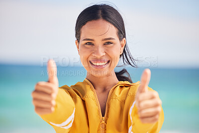 Buy stock photo Happy woman, portrait and thumbs up on beach for approval, success or winning in motivation. Outdoor female person smile with like emoji, yes sign or OK for agreement in happiness on the ocean coast