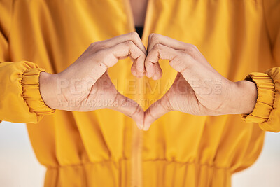 Buy stock photo Woman, heart hands and love for care, support or trust in healthcare, romance or gesture. Closeup of female person with emoji, symbol or icon for health, like or wellness in peace, sign or emoticon