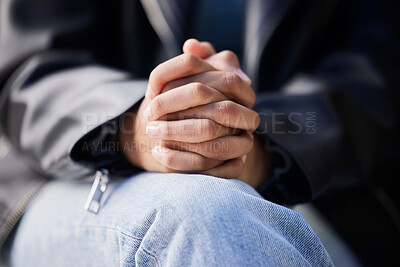 Buy stock photo Hands together, anxiety and woman with stress from mental health and wellness problem outdoor. Prayer, hope closeup and closeup of a person feeling nervous and sad with grief, fear and worried 