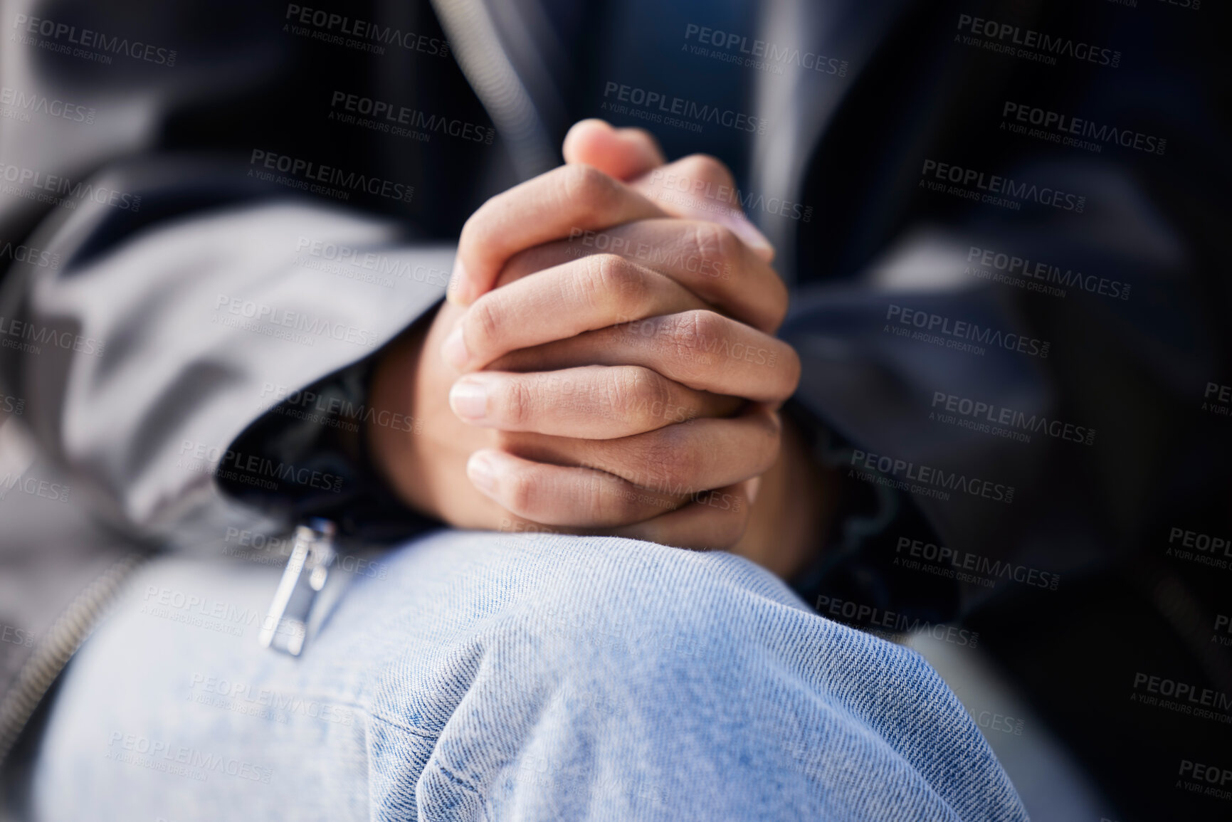 Buy stock photo Hands together, anxiety and woman with stress from mental health and wellness problem outdoor. Prayer, hope closeup and closeup of a person feeling nervous and sad with grief, fear and worried 