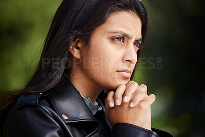 Buy stock photo Depression, thinking and worry with woman in nature for stress, anxiety and confused. Fear, mental health and crisis with face of person feeling lonely in outdoors for tired, mistake and problem