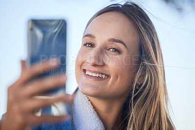 Buy stock photo Smile, city selfie and face of woman pose for memory profile picture, on video call communication and happy for holiday photo. Travel vacation, happiness and youth person post to social media
