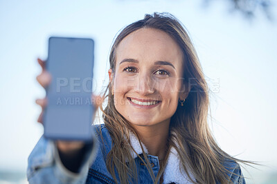 Buy stock photo Phone, screen and outdoor portrait of woman with social media, blog or post online with network connection and contact. Smartphone, communication and person with mobile app, internet and happiness