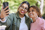 Women friends, selfie and peace sign at park with smile, hug or together for memory, blog or post on web. Girl, gen z students and happy for profile picture, photography or outdoor for social network