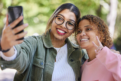 Buy stock photo Women friends, selfie and peace sign at park with smile, hug or together for memory, blog or post on web. Girl, gen z students and happy for profile picture, photography or outdoor for social network