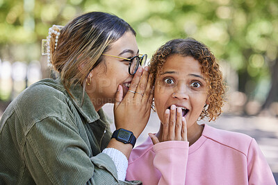 Buy stock photo Women in park, gossip and secret conversation together with surprise news, excited discussion and communication. Friends, talking in ear and bonding with confidential information, privacy and whisper