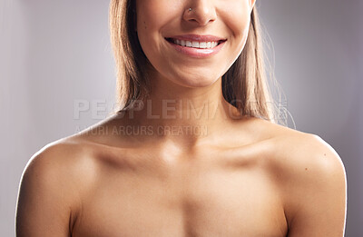 Buy stock photo Beauty, happy studio and topless woman with anti aging skincare, cosmetics glow and body care wellness. Natural dermatology makeup, clean dental teeth whitening and person smile on white background