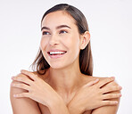 Beauty, happy studio face and woman shine with anti aging skincare, facial cosmetics glow and self love, spa care or wellness. Natural makeup, dermatology and relax person smile on white background