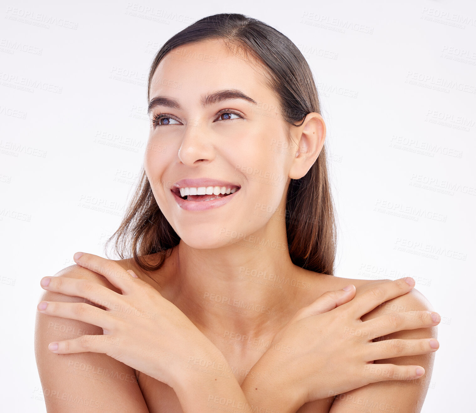 Buy stock photo Beauty, happy studio face and woman shine with anti aging skincare, facial cosmetics glow and self love, spa care or wellness. Natural makeup, dermatology and relax person smile on white background