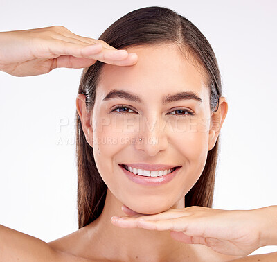 Buy stock photo Beauty, studio portrait frame or happy woman with skincare shine, cosmetics foundation or facial collagen glow. Natural makeup, spa salon or closeup face of aesthetic person smile on white background