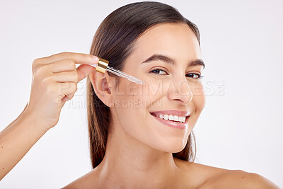Buy stock photo Beauty, skincare portrait and happy woman with serum hydration glow, anti aging or skin protection. Person with liquid spa product, collagen oil or hyaluronic acid for face care on white background