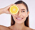 Beauty, happy studio face and woman with lemon for skincare glow, vitamin c detox and natural facial exfoliation. Fruit, organic cosmetics and person with citrus product benefits on white background