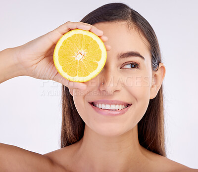 Buy stock photo Beauty, studio face and happy woman with lemon for skincare glow, vitamin c detox and natural facial exfoliation. Fruit, organic cosmetics and person with citrus product benefits on white background