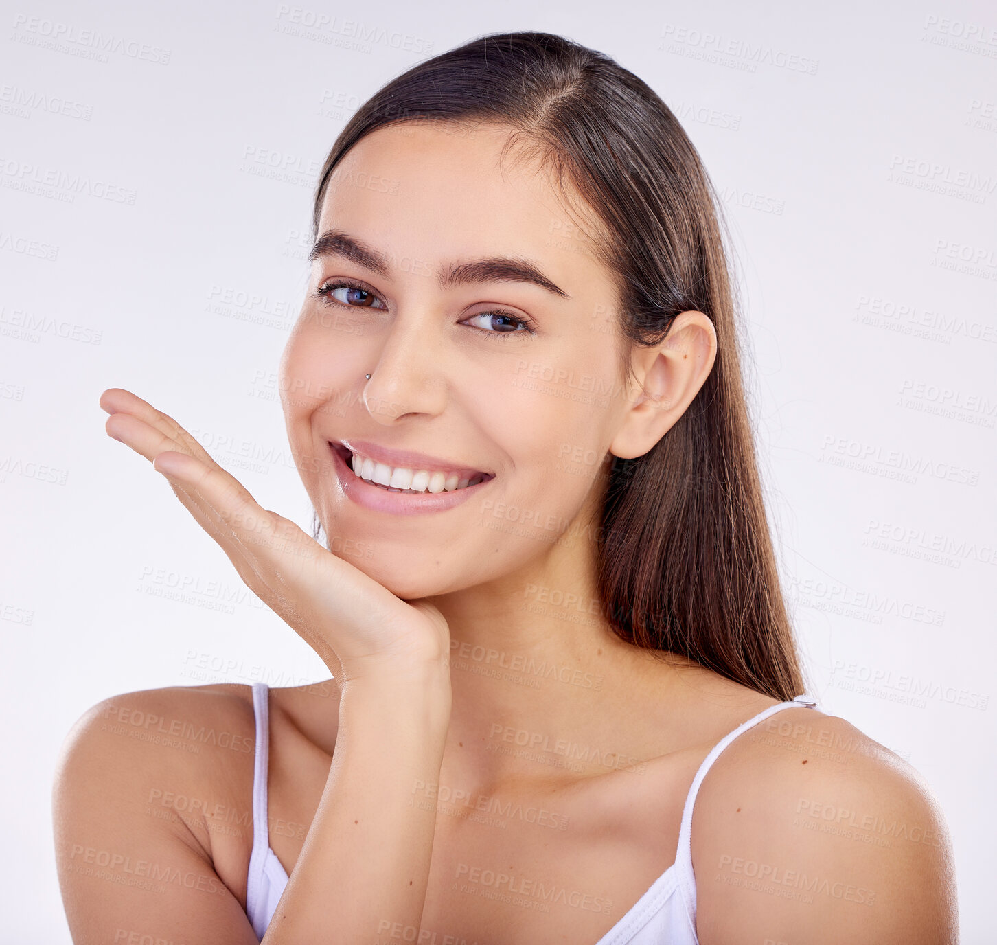 Buy stock photo Face, skincare hand and beauty of woman with smile isolated on a white background in studio. Portrait, happy and natural model with cosmetics in spa facial treatment, aesthetic or wellness for health