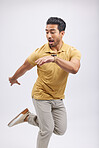 Dance, movement and man in studio for freedom, energy and performance with smile on white background. Creative, performance and happy isolated male person dancing, moving and action pose for mockup