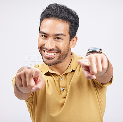 Buy stock photo Portrait, smile of Asian man and pointing to you in studio isolated on a white background. Face, happy and person with choice, decision or selection of option, winner and hiring, recruitment and vote