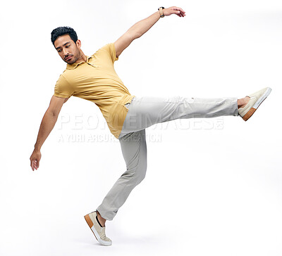 Buy stock photo Dance, performance and man balance in studio for freedom, energy and body movement. Creative style, fitness and isolated male person dancing, moving and in action pose for mockup on white background