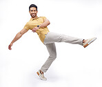 Dance, movement and portrait of man in studio for happiness, energy and performance with smile. Creative, happy and male person dancing, moving and in action pose for mockup on white background