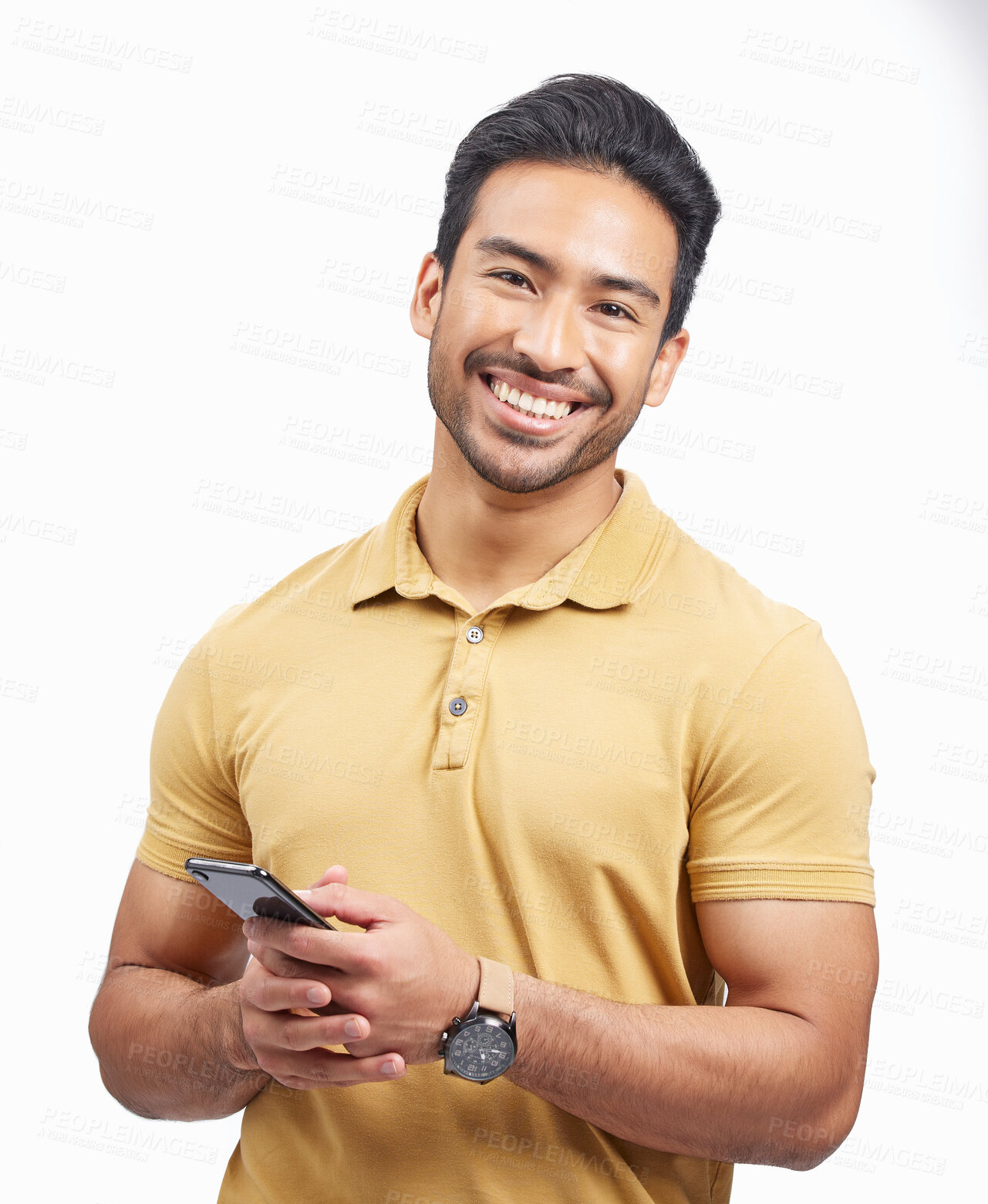 Buy stock photo Portrait, smile and Asian man with a smartphone, connection and social media against a white studio background. Person, network and model with a cellphone, mobile app and communication with email