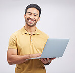 Portrait, smile and man with laptop, network and internet connection on a white studio background. Male person, guy and model with a pc, website information and happiness with an email and internet