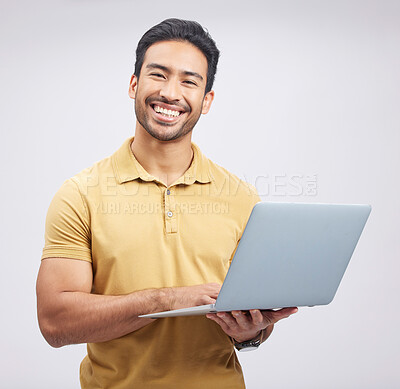 Buy stock photo Portrait, smile and man with laptop, network and internet connection on a white studio background. Male person, guy and model with a pc, website information and happiness with an email and internet