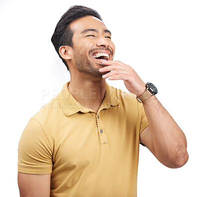 Buy stock photo Laugh, happy and young man in a studio listening to a funny, comedy or comic joke in conversation. Happiness, humor and handsome Mexican person with goofy or silly personality by white background