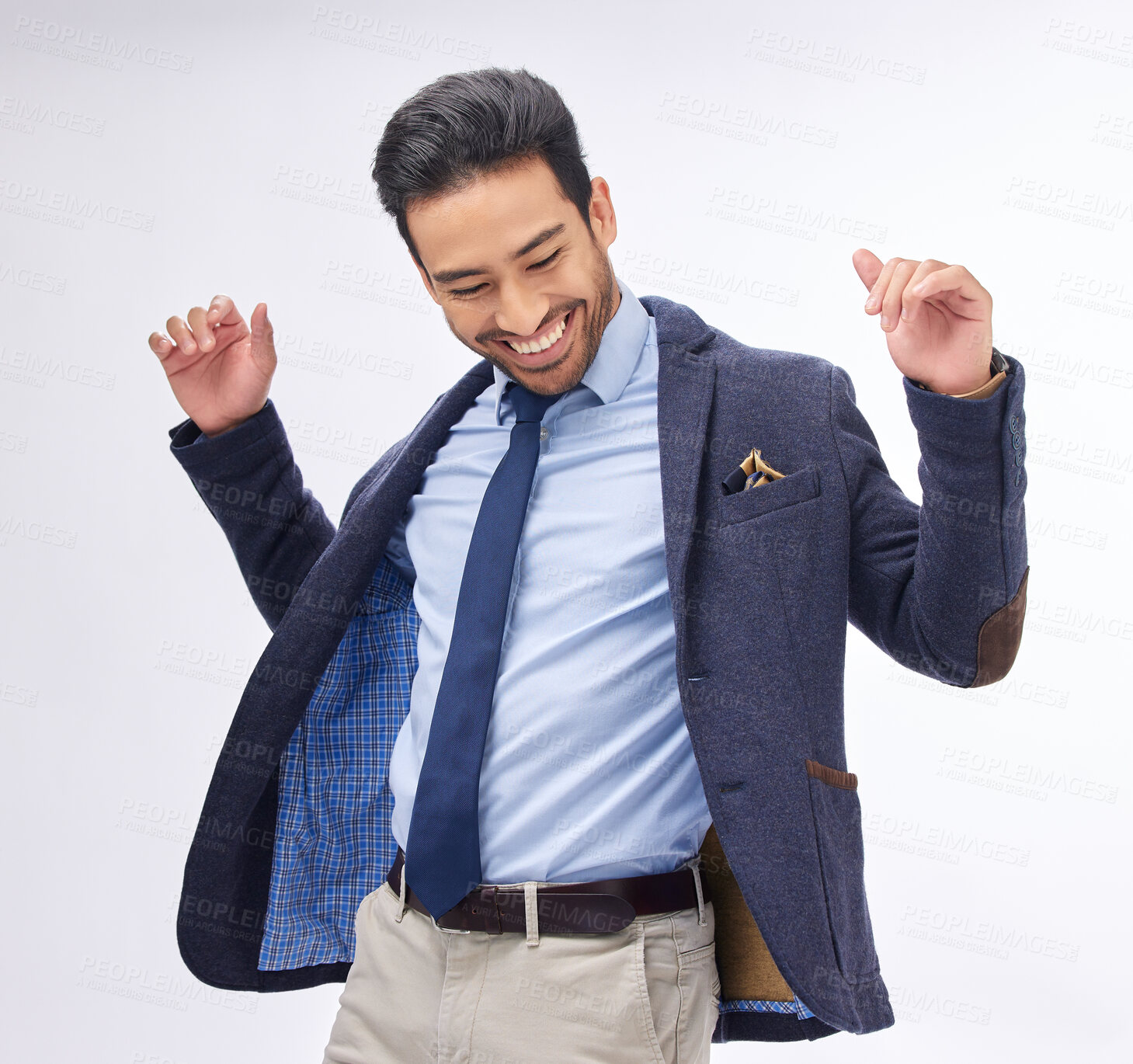 Buy stock photo Business man, dancing and smile in studio with success, celebration and thinking with fashion by white background. Entrepreneur, dancer and happy for goals, winning and vintage suit for motivation