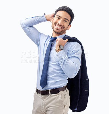 Buy stock photo Thinking, happy and a businessman on a white background for work, corporate fashion and idea. Smile, vision and an Asian employee with stylish clothes isolated on a studio backdrop for a professional