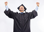 Graduation, success and man in celebration of an achievement of diploma isolated in a studio white background. Winning, excited and student from a university or college happy for a certificate