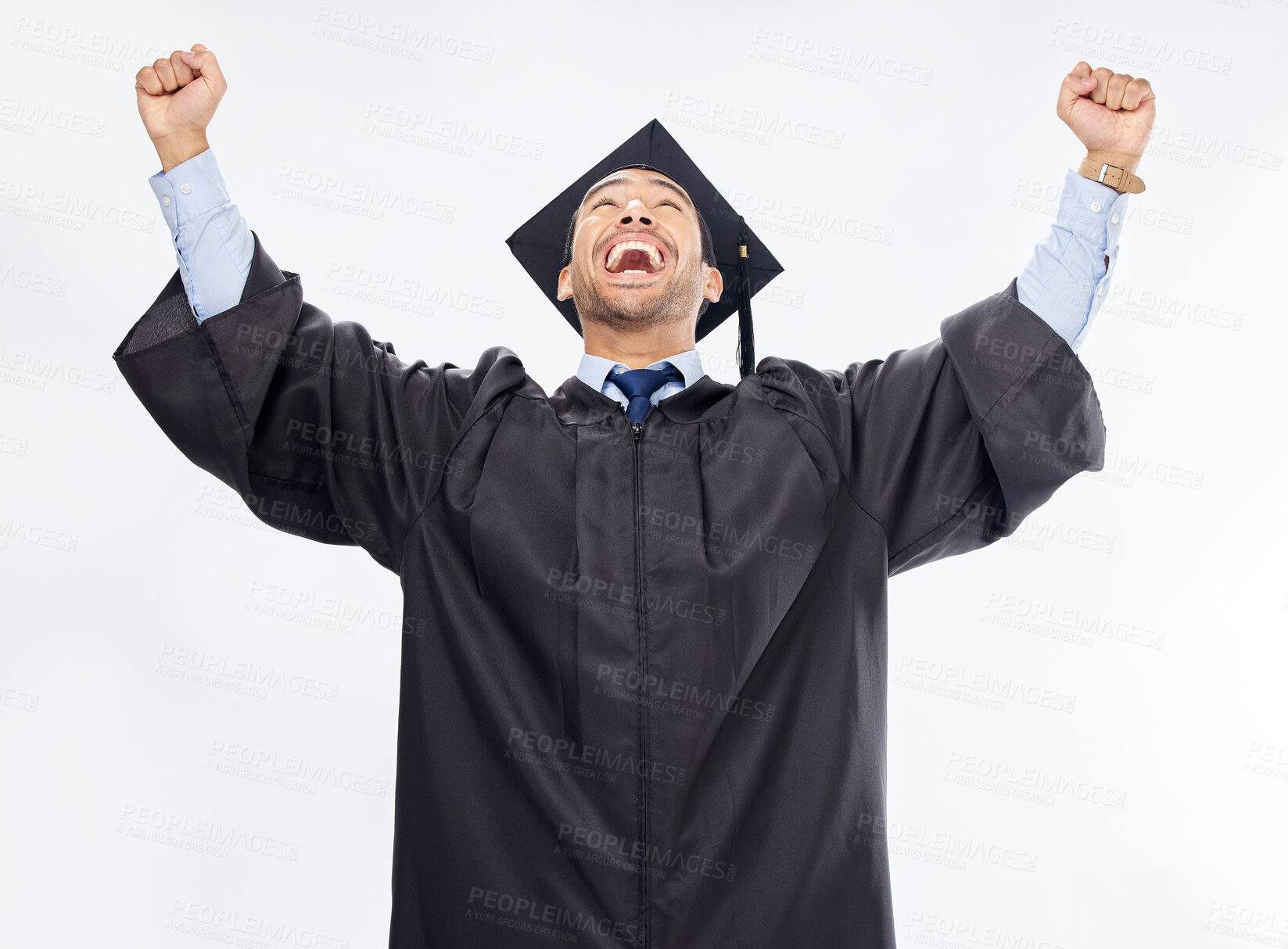 Buy stock photo Graduation, success and man in celebration of an achievement of diploma isolated in a studio white background. Winning, excited and student from a university or college happy for a certificate