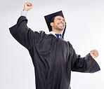 Graduation, scholarship and man in celebration of an achievement of diploma isolated in a studio white background. Winning, excited and student from a university or college happy for a certificate