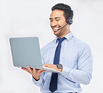 Call center, laptop and Asian man telemarketing, support or contact us isolated on a white studio background. Computer, smile and sales agent, customer service or consultant on internet for crm email