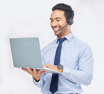 Buy stock photo Call center, laptop and Asian man telemarketing, support or contact us isolated on a white studio background. Computer, smile and sales agent, customer service or consultant on internet for crm email