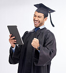 Graduation, tablet and man in celebration of an internet achievement isolated in a studio white background. Diploma, excited and student from a online learning university or college with certificate