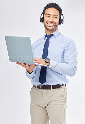 Buy stock photo Laptop, call center and Asian man in portrait for customer service, crm support or contact us isolated on a white studio background. Computer, smile and sales agent, happy consultant or telemarketing