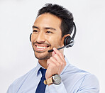 Call center, happy and Asian man with microphone for telemarketing, crm support and isolated on a white studio background. Thinking, smile and sales agent or consultant listening for customer service