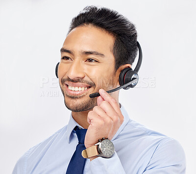 Buy stock photo Call center, happy and Asian man with microphone for telemarketing, crm support and isolated on a white studio background. Thinking, smile and sales agent or consultant listening for customer service