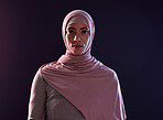 Muslim woman, portrait and hijab in faith for religion, islam or praise against a dark studio background. Face of Islamic female person or model with scarf in fashion for cultural tradition on mockup