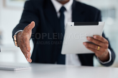 Buy stock photo Handshake, meeting and a businessman with a tablet at work for an interview or company onboarding. Thank you, hr and a manager or employee extending a hand for welcome with technology for recruitment