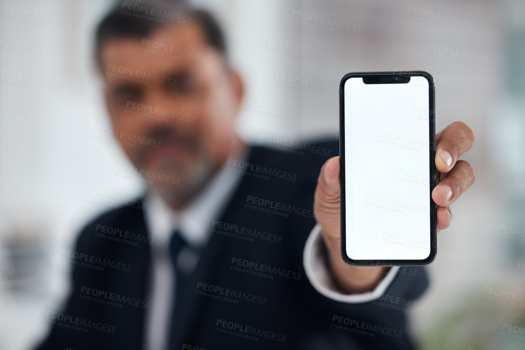 Buy stock photo Hands, man and show phone screen in office, mock up space and logo for communication brand. Businessman, blank smartphone and ux design for mobile app, internet or fintech promo at accounting agency