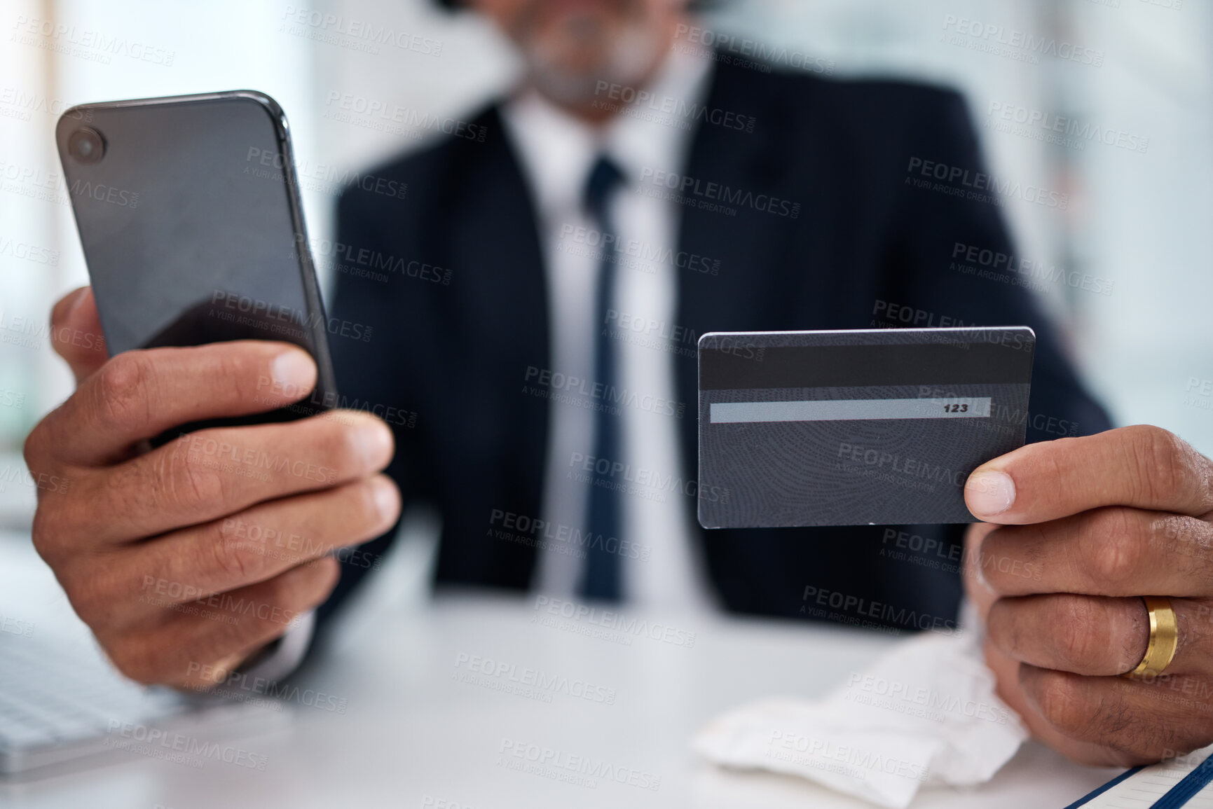 Buy stock photo Man, hands and credit card with phone in office for ecommerce, accounting budget or banking investment. Closeup, worker and mobile for online shopping, fintech and trading money in financial economy