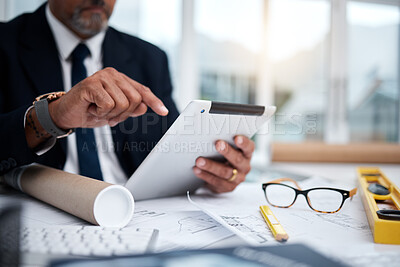 Buy stock photo Tablet, hands and architect with research at desk for typing, architecture or planning on internet. Technology, fingers of man and engineer writing, construction design and email for online blueprint