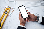 Hands, blank phone screen at desk, architect man and mockup space for logo, branding and planning. Construction expert, smartphone and ux design for app, internet or promotion at architecture agency