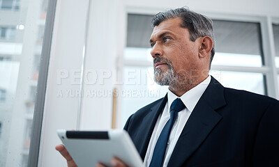 Buy stock photo Business, ideas and senior man with a tablet, thinking and connection with network, project and digital planning. Consultant, inspiration and entrepreneur with technology and strategy in a workplace