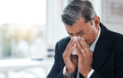 Buy stock photo Sick business man, tissue and blowing nose for allergies, cold and virus in law firm. Face of mature lawyer sneeze with influenza, allergy bacteria and risk of health problem, sinusitis and infection